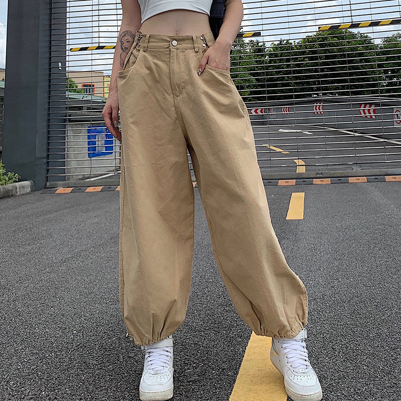 Women's Pants Capris Lucyever Fashion High Waist Cargo Pants Women Khaki Adjustable Waist Drawstring Wide Leg Pants Streetwear Hip Hop Trousers 2