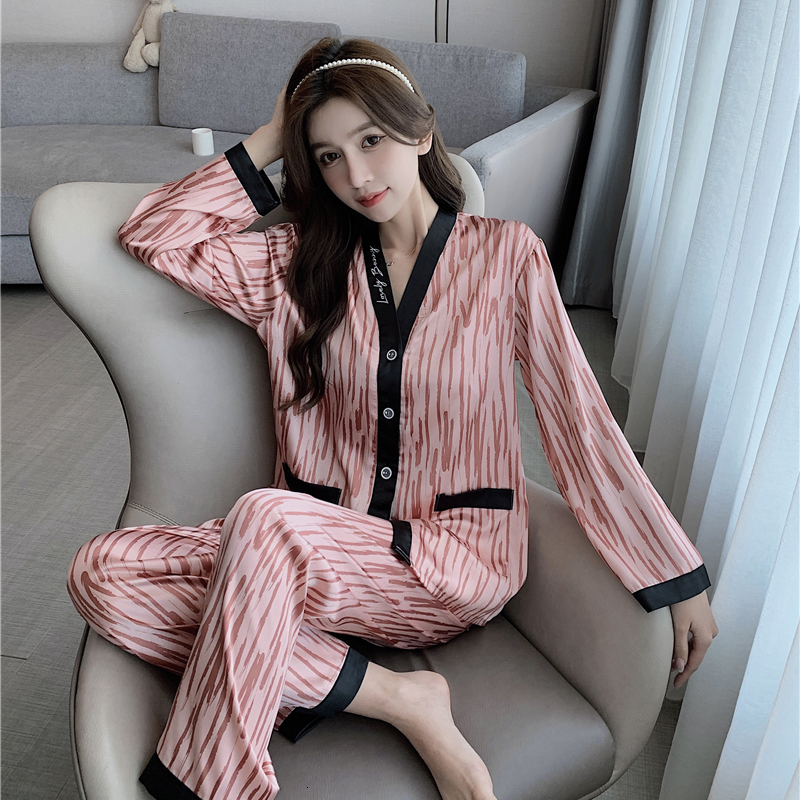 Women's Sleepwear Ice Silk Pajamas Women's Spring and Autumn Long-sleeved Two-piece Thin Silk Home Service Silk Sexy Large Size Women's