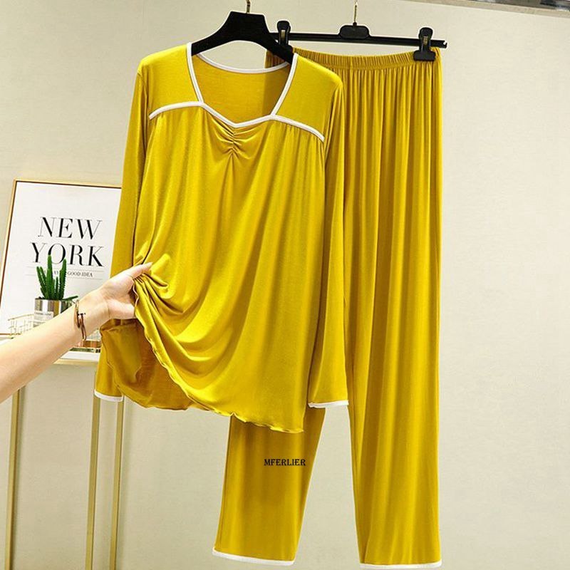 Women's Sleepwear Large Size 4XL 150KG Autumn Women Sleepwear Set V Neck Long Sleeve Pajamas Set Women Long Sleeve Top and Pants Casual Home Wear