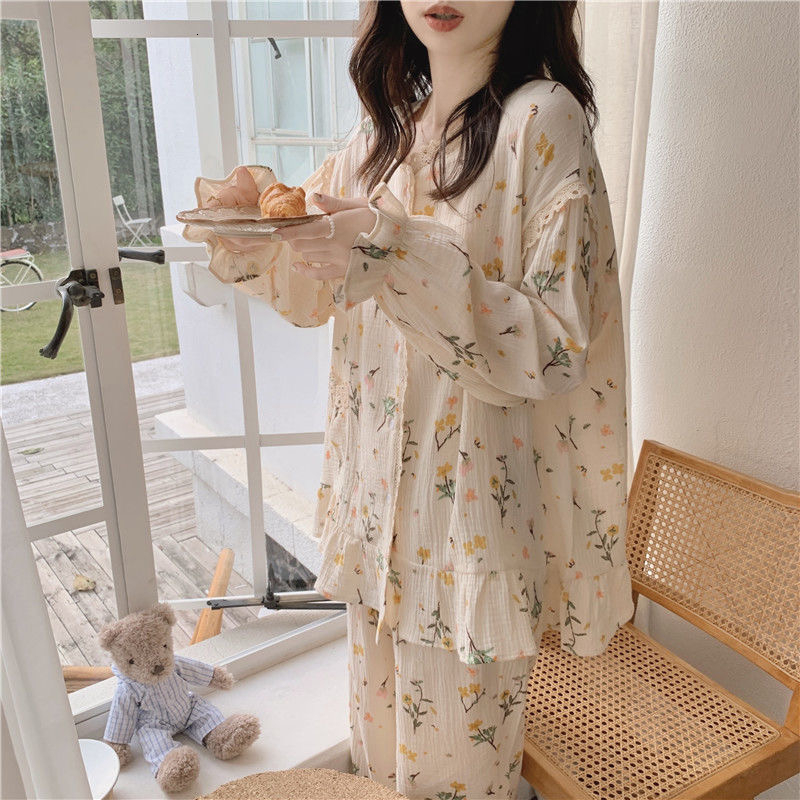 Women's Sleepwear Long Sleeve Pajama Set Square Collar Cardigan Women Floral Cartoon Printed Gauze Cotton Kawaii Trendy Women 2pcs Pyjamas Elegan