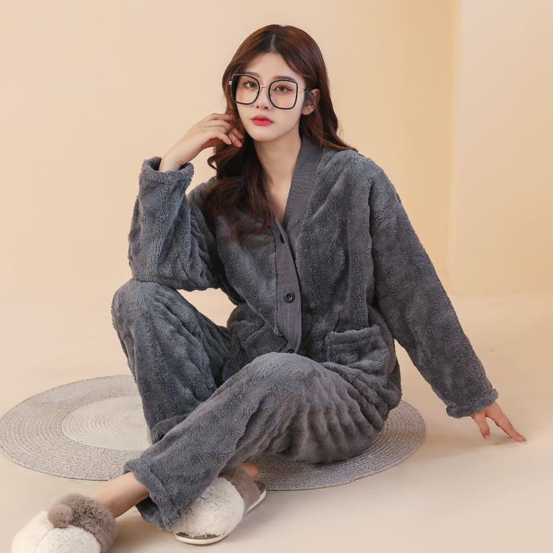Women's Sleepwear Solid Pajamas Set Winter Coral Fleece Sleeve Buttons Leisure Senior Warm Sleepwear Thick Velvet Homewear Home Long Sleeve 23030