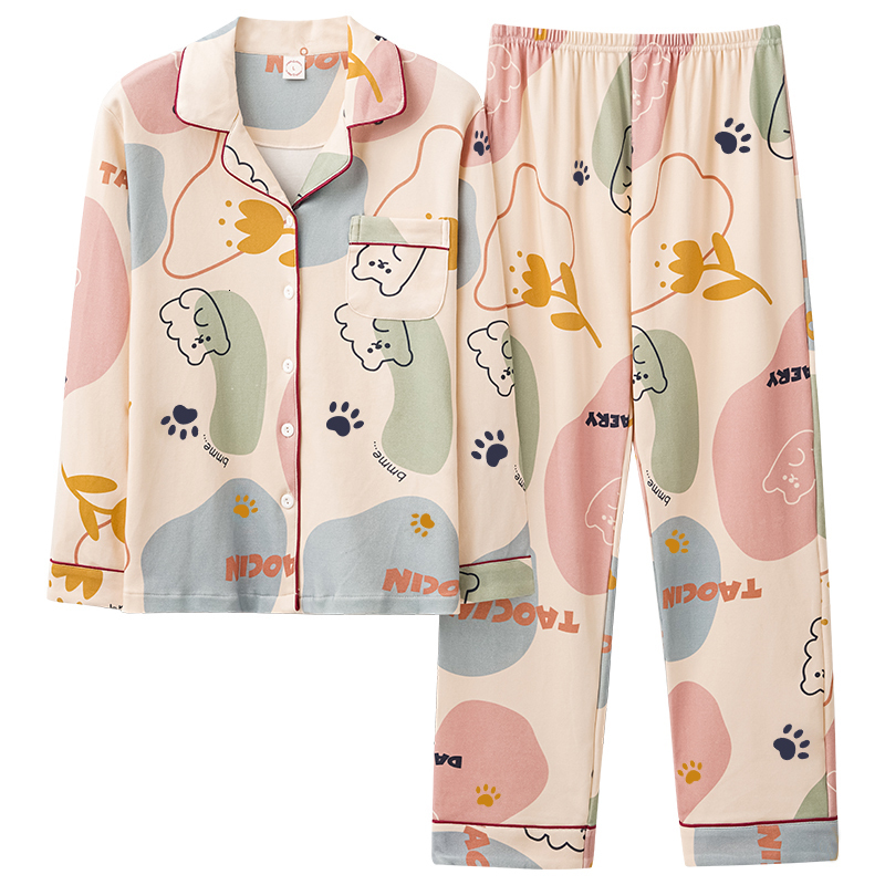 Women's Sleepwear Cotton Pajamas Women Summer Long-sleeved Trousers Two-piece Suit Women's Satin Loose Printed Home Wear Casual Fashion Paja