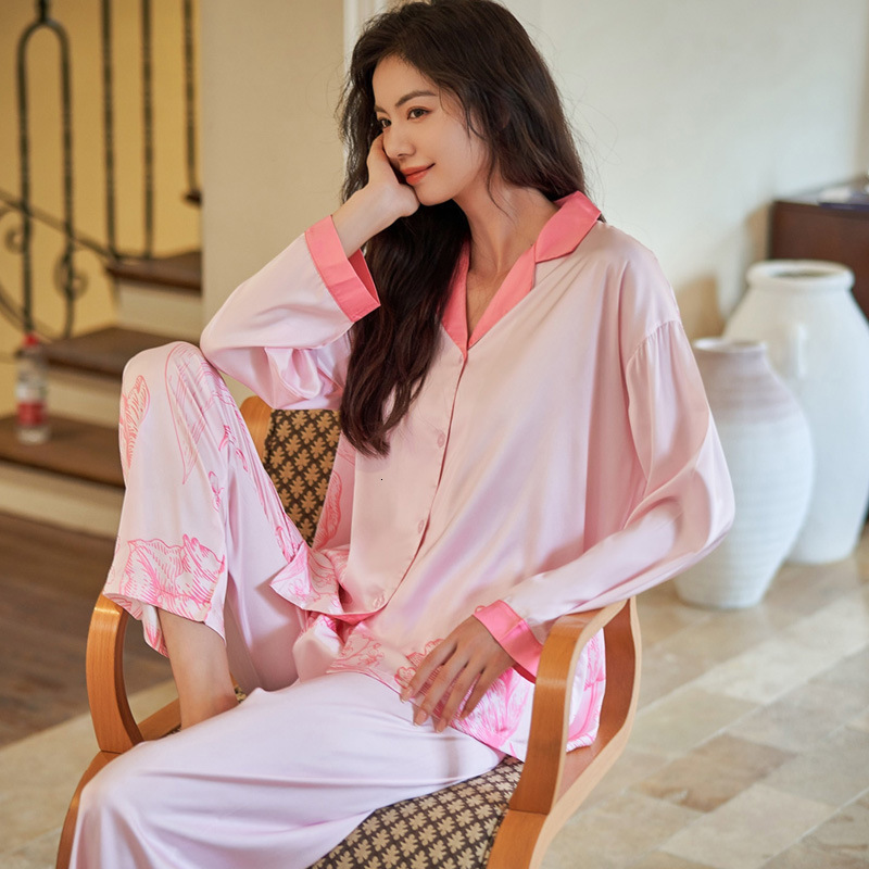 Women's Sleepwear QSROCIO High Quality Women's Pajamas Set Floral Print Faux Silk Nightie Pink Homewear Leisure Simple Sleepwear Loungewear 