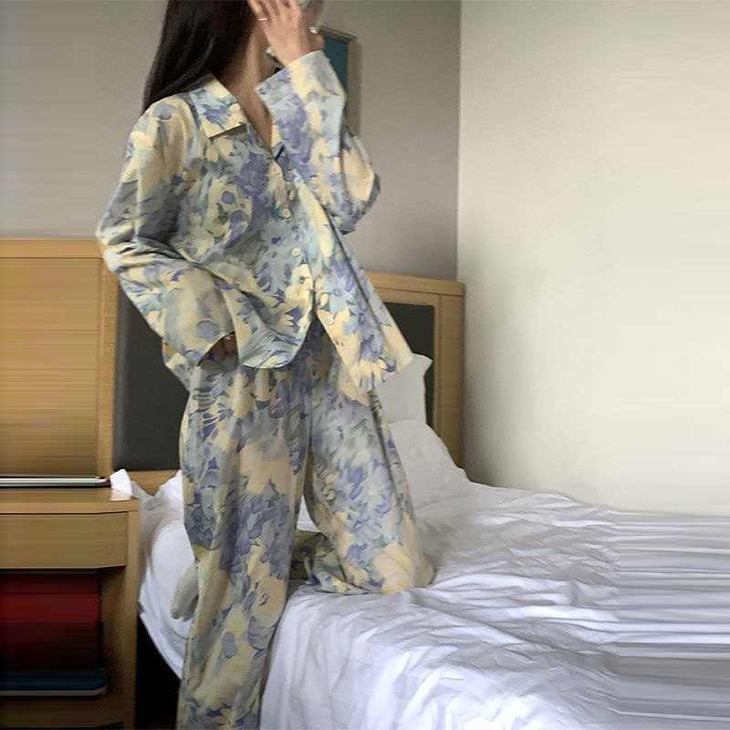 Women's Sleepwear Women Pajama Sets Spring Autumn Long Sleeve Floral Vintage Fashion Nightwear Loose Elegant Pyjamas Female Leisure2-piece M-3XL 