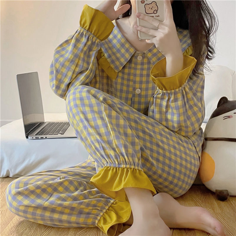 Women's Sleepwear Sweet Plaid Pajama Sets Women Long Sleeve Button Top Elastic Waist Pants Loose Lounge Homewear Cute Autumn Ruffles Pajamas 2pcs