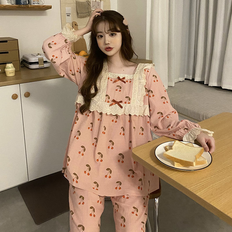 Women's Sleepwear Women Long Sleeve Plaid Pajama Sets Sweet Princess Lace Turn Down Collar Cute Sleepwear Korean Lounge Two Pieces Pyjamas Female