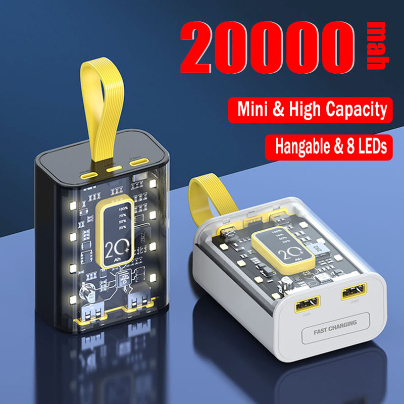 Mini Power Bank Built in cables Portable 20000mAh Charger Fast Charging External Battery LED For iPhone Xiaomi Android