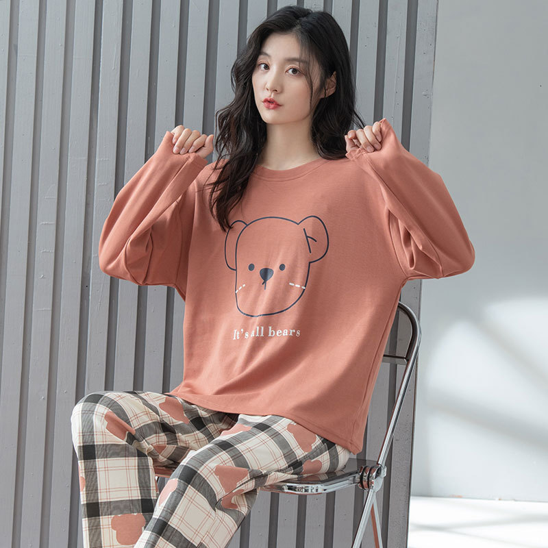 Women's Sleepwear Cotton Pajama Set Women Long Sleeve Pants Pyjama Cute Korean Sleepwear Female Soft Loose Autumn Winter Pajamas Home Clothes Sui