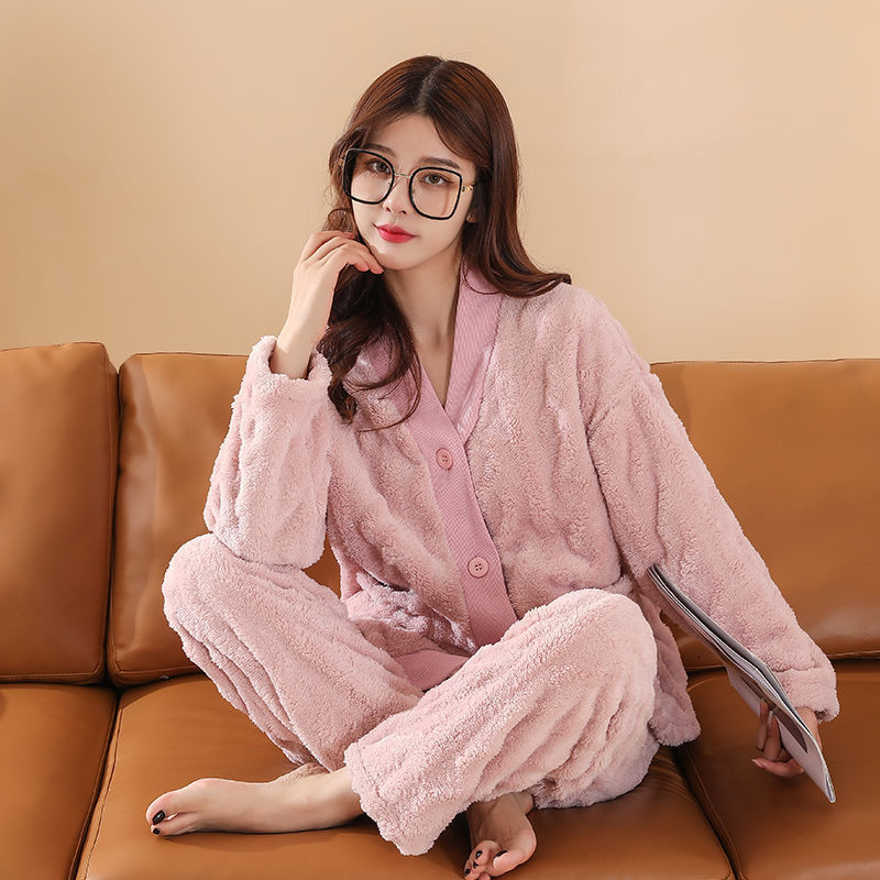 Women's Sleepwear Solid Pajamas Set Winter Coral Fleece Sleeve Buttons Leisure Senior Warm Sleepwear Thick Velvet Homewear Home Long Sleeve 23030