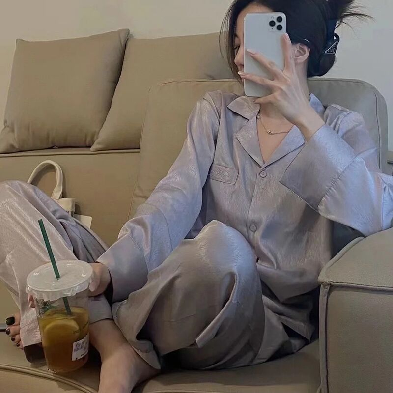 Women's Sleepwear Womens Silk Satin Pajamas Pyjamas Set Sleepwear Pijama Pajamas Suit Female Sleep Two Piece Set Women's Ice Silk Loungewear