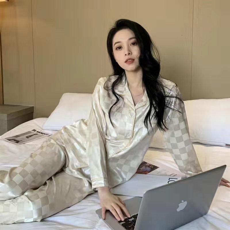 Women's Sleepwear Pink Plaid Pajamas Ladies Summer Large Size Spring and Autumn Long Sleeve Thin Ice Silk Homewear Set 230309