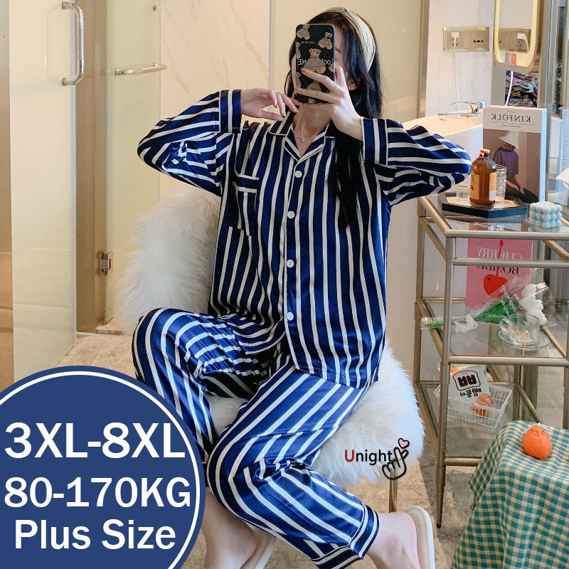 Women's Sleepwear 3XL-8XL Satin Pajamas Large 5XL Trouser Suit Women Pyjamas Casual Set Silk Sleepwear Nightwear Home Clothes Loungewear Pijama 2