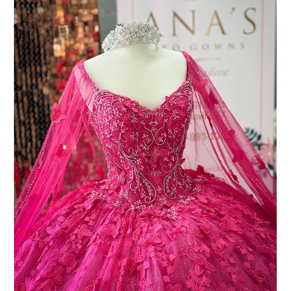 Fuchsia Sweet 16 Quinceanera Dresses with Cape 2023 Off Shoulder Butterfly Appliques Princess lace-up corset Vestidos De 15 Anos