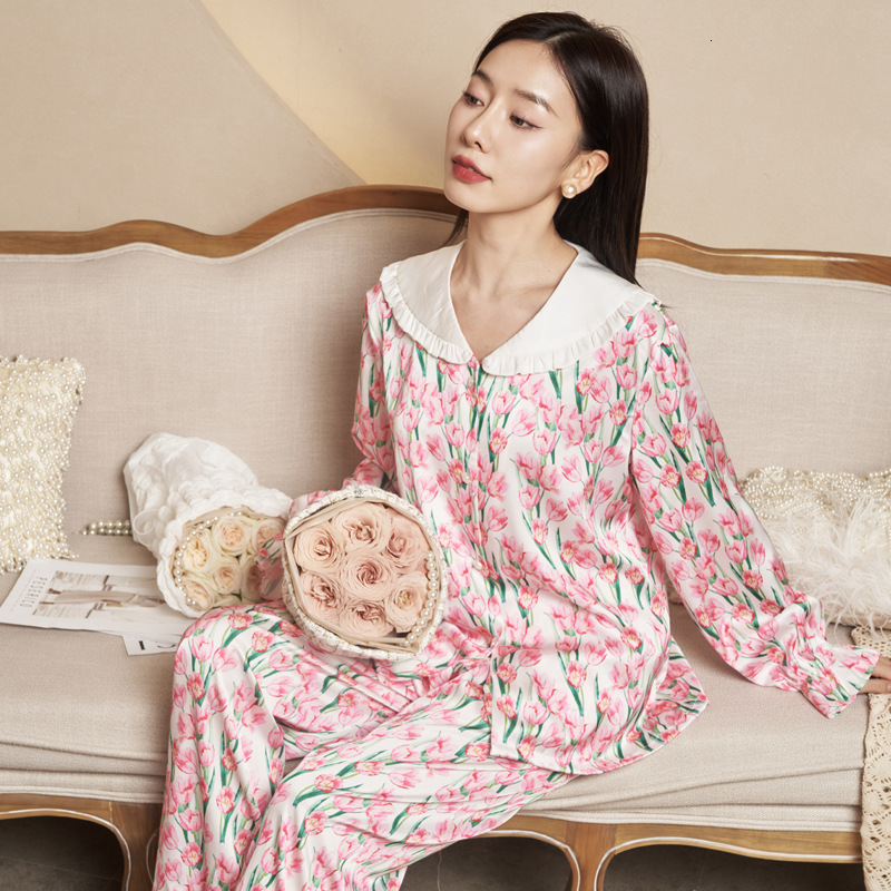 Women's Sleepwear CRLAYDK 2 Pieces Women Pajamas Ruffle Collar Tulips Floral Printed Loungewear Set Silk Soft Sleepwear Button Down Long Nightwea