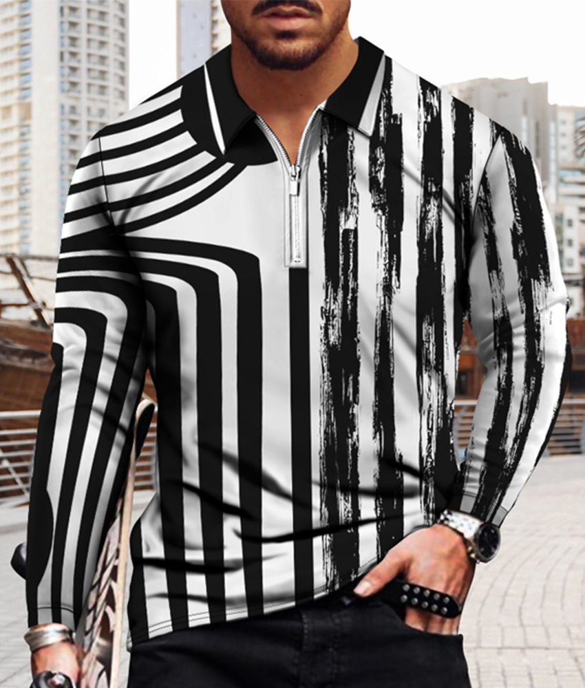 Men's TShirts Casual Spring Summer Long Sleeve Polo Shirt Zipper TShirt Geometric Splicing Printed Clothes Top Street Golf Clothi 230309