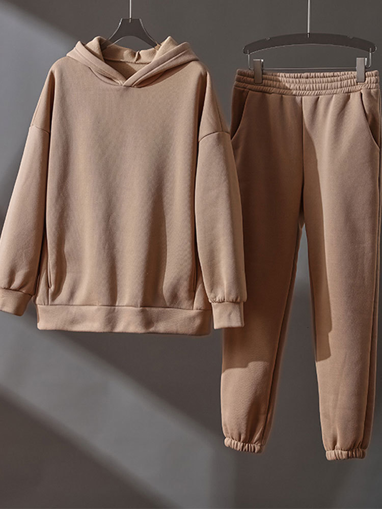 Women's Two Piece Pants Women's Tracksuit Fleece Hooded Two Piece Set Loose Hoodies Jogger Pants Sets Female Spring Casual Lady Sportswear S