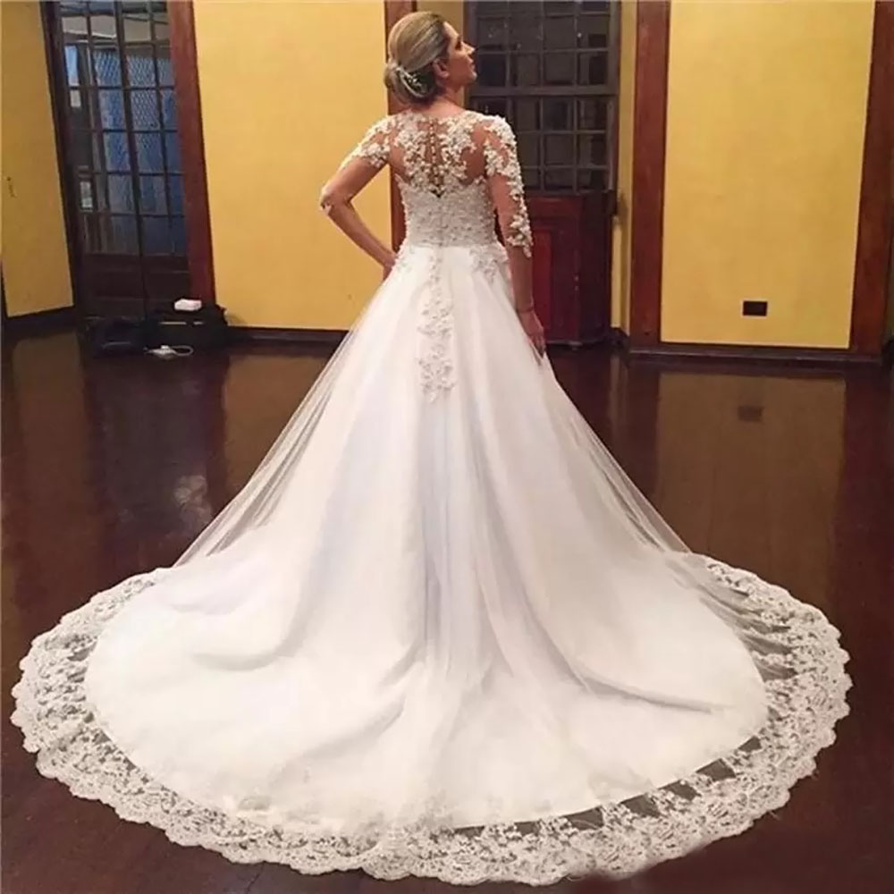 Wedding Dresses New Bridal Gowns A Line Applique Tulle Ivory White Custom Plus Size Wed Dresses Wed V-Neck Long Sleeve Illusion Zipper