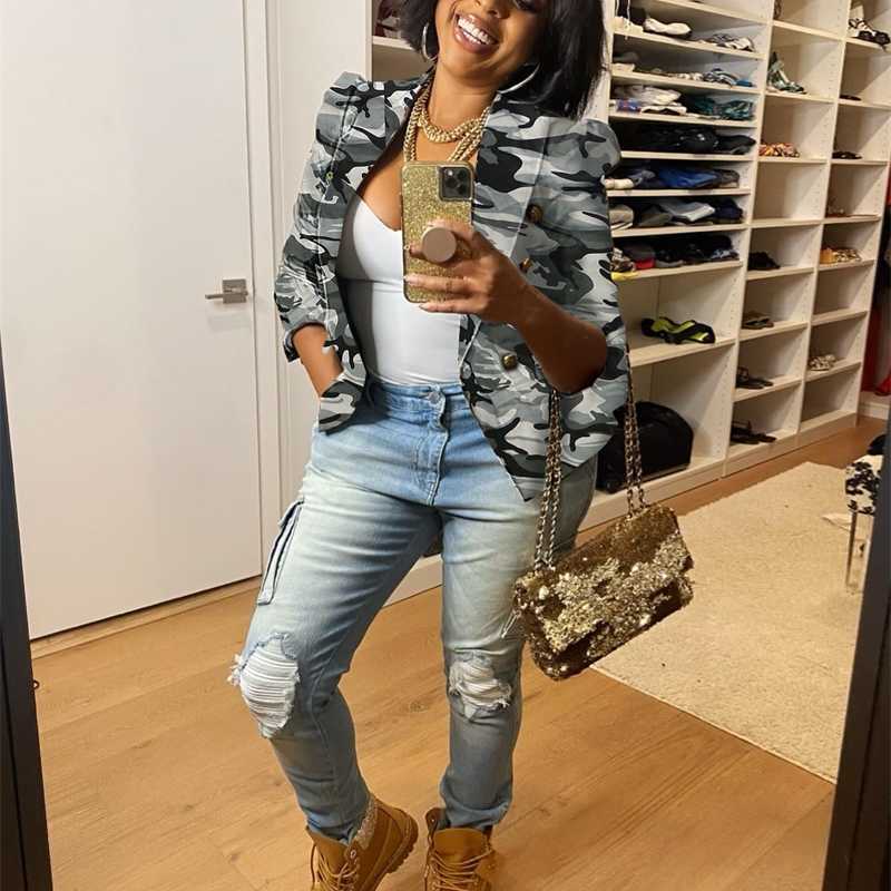 Summer Women Clothing Fashion Casual Blazers New Camouflage Printed Single Western Top Coat