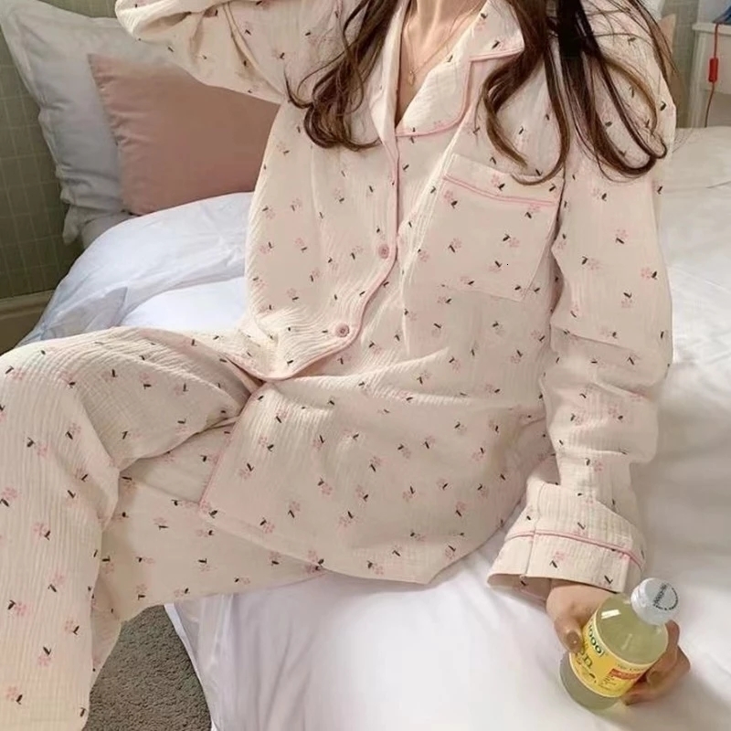 Women's Sleepwear Korean Pajama Mujer Floral Sweet Heart Print Cotton Yarn Sleepwear Set Long Sleeve Cardigan Homewear Skin-Friendly Breathable 2