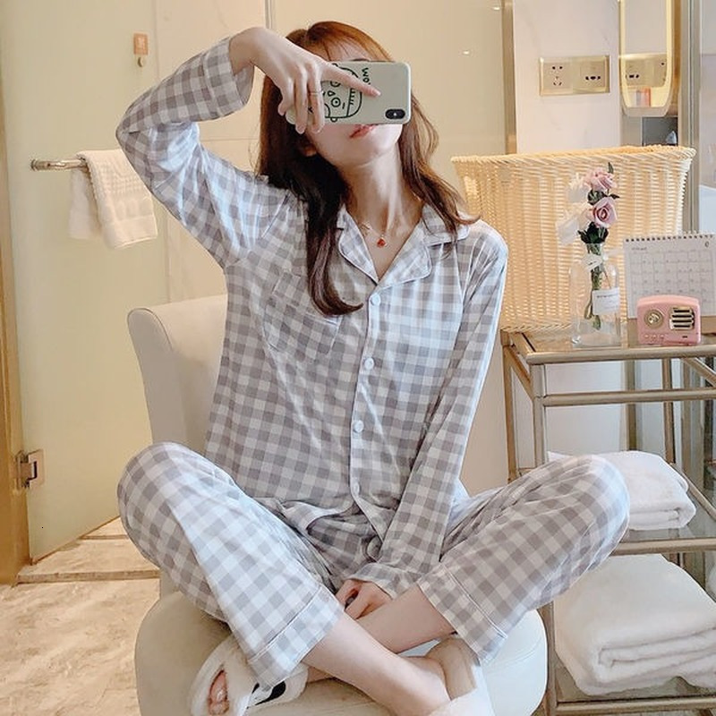 Women's Sleepwear Women Pajama Sets Plaid Button-up Turn-down Collar Long Sleeve Sleep Wear Pockets Simple Japanese Style Students Pajamas Spring