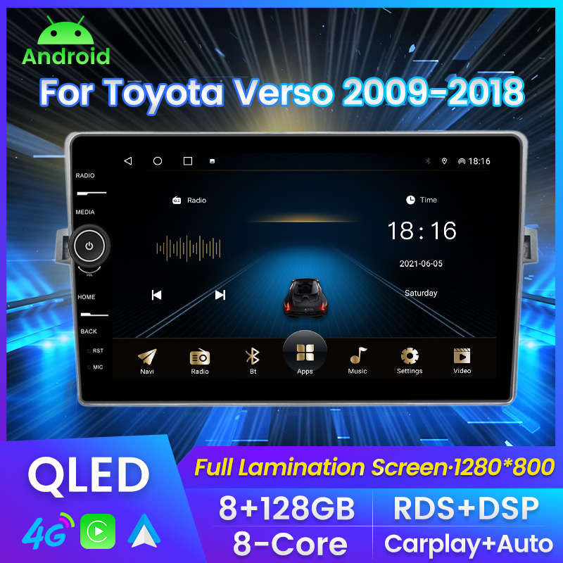 Voiture DVD 8CORE Android11 ​​Car Multimedia Video Player pour Toyota Verso 2009-2018 8G 128G Carplay Auto GPS 2din No DVD QLED