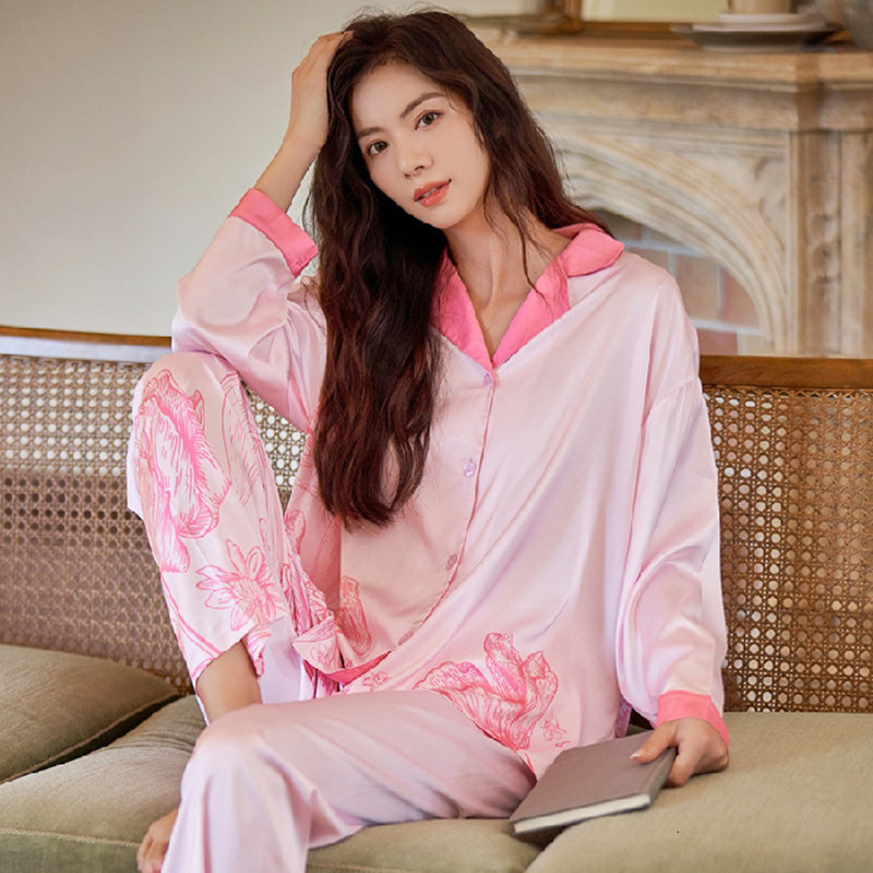 Women's Sleepwear QSROCIO High Quality Women's Pajamas Set Floral Print Faux Silk Nightie Pink Homewear Leisure Simple Sleepwear Loungewear 