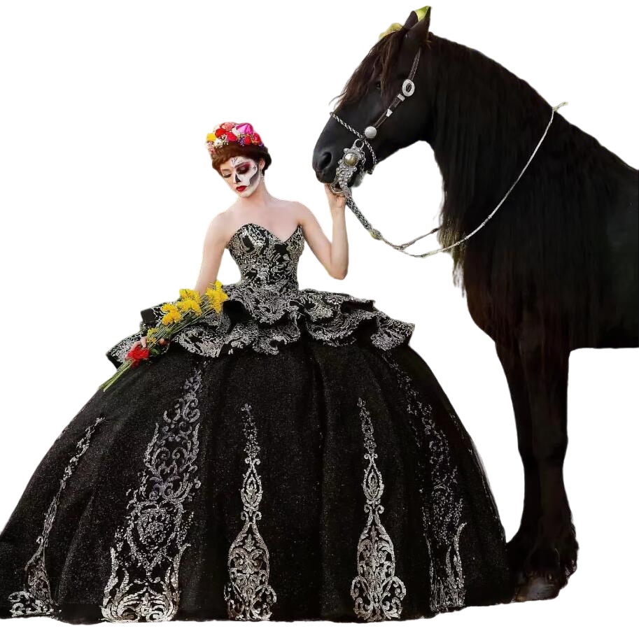 Sparkly Vintage Black Quinceanera Dresses Mexico Sequined Appliques Sweetheart Lace-up Birthday Sweet 16 Dress Vestidos De 15