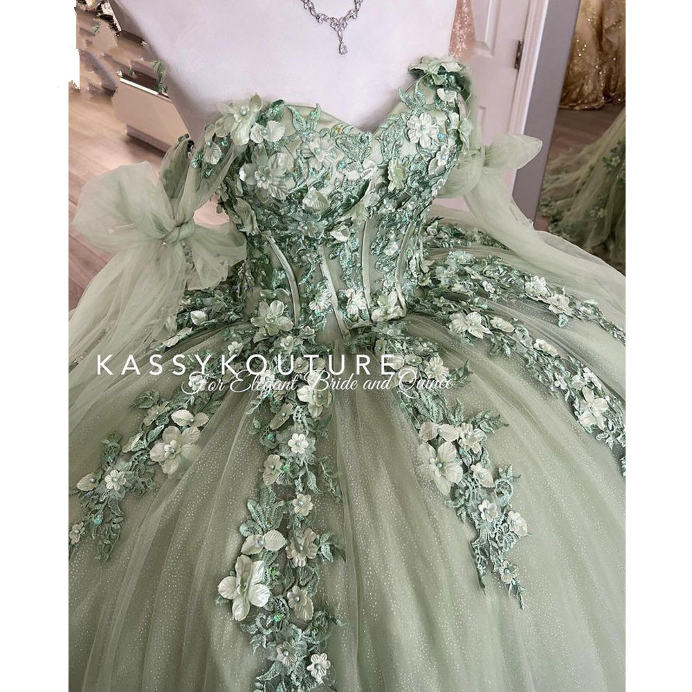 Mint Green Princess Quinceanera Dresses 2023 floral Appliques lace-up corset off shoulder Vestidos De 15 Anos Prom gown