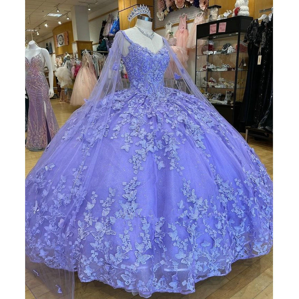 lavender Lilac 3D Butterfly princess Quinceanera Dresses With Cape Appliques Crystal lace-up Corset Vestidos De Quinceanera