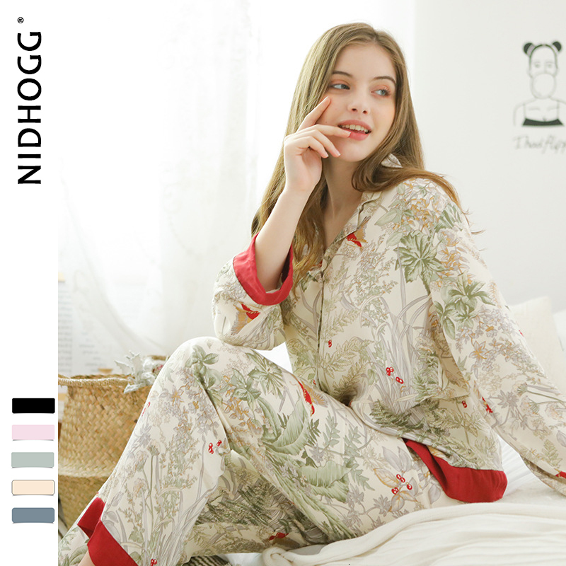 Women's Sleepwear Spring Casual Long Sleeve Satin Pajama Set Green Grass Printing Sleepwear Loungewear Women Turn-down Collar Pijama Mujer 230309