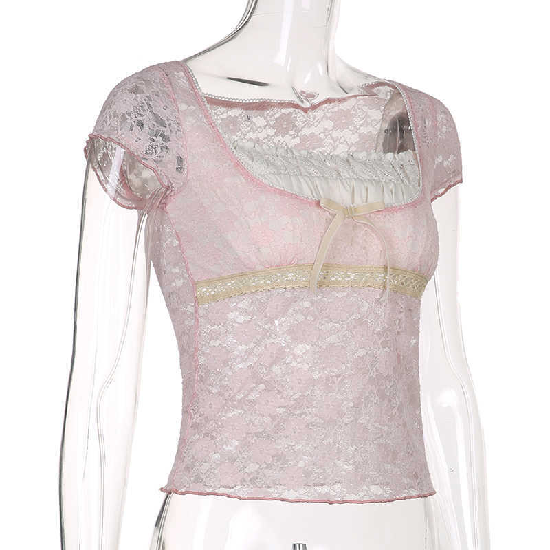 Women's Knits Tees Wome's Crop Top Summer Short Sleeve T-shirt Patchwork Transparent Lace Bow Decoration Clothes Tops Streetwear Y2k Summer 
