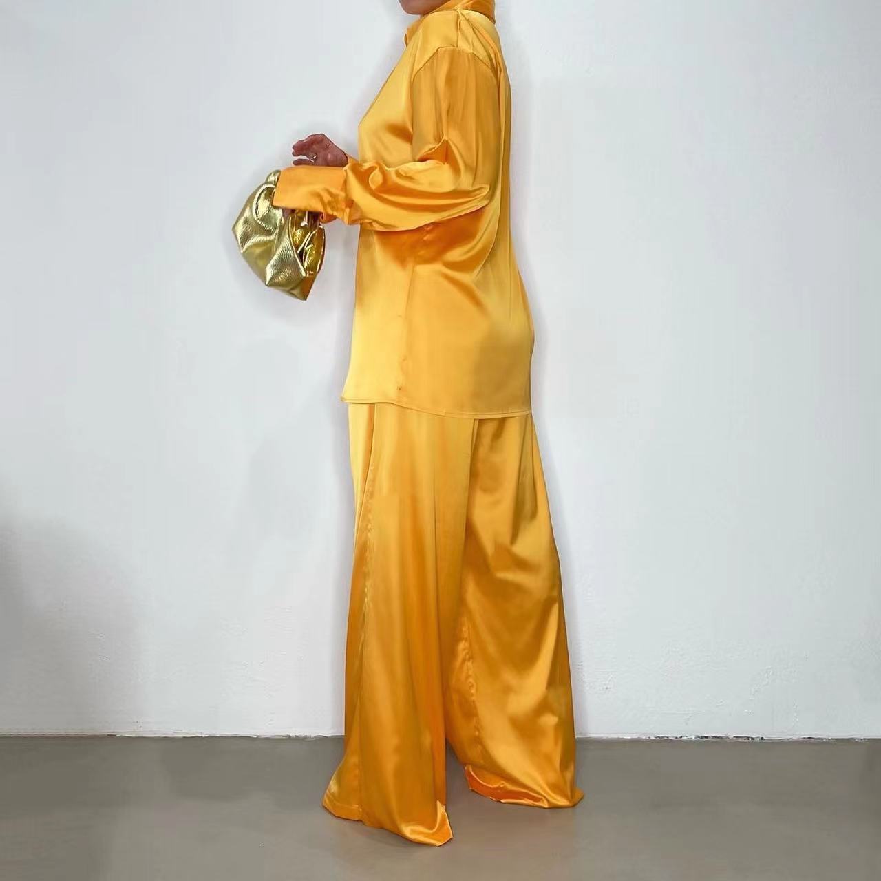 Women's Two Piece Pants Elegant Satin Women's Matching Sets Casual Long Sleeve Shirt Straight Pants Suit Female Loose Solid Tops Two Pieces 