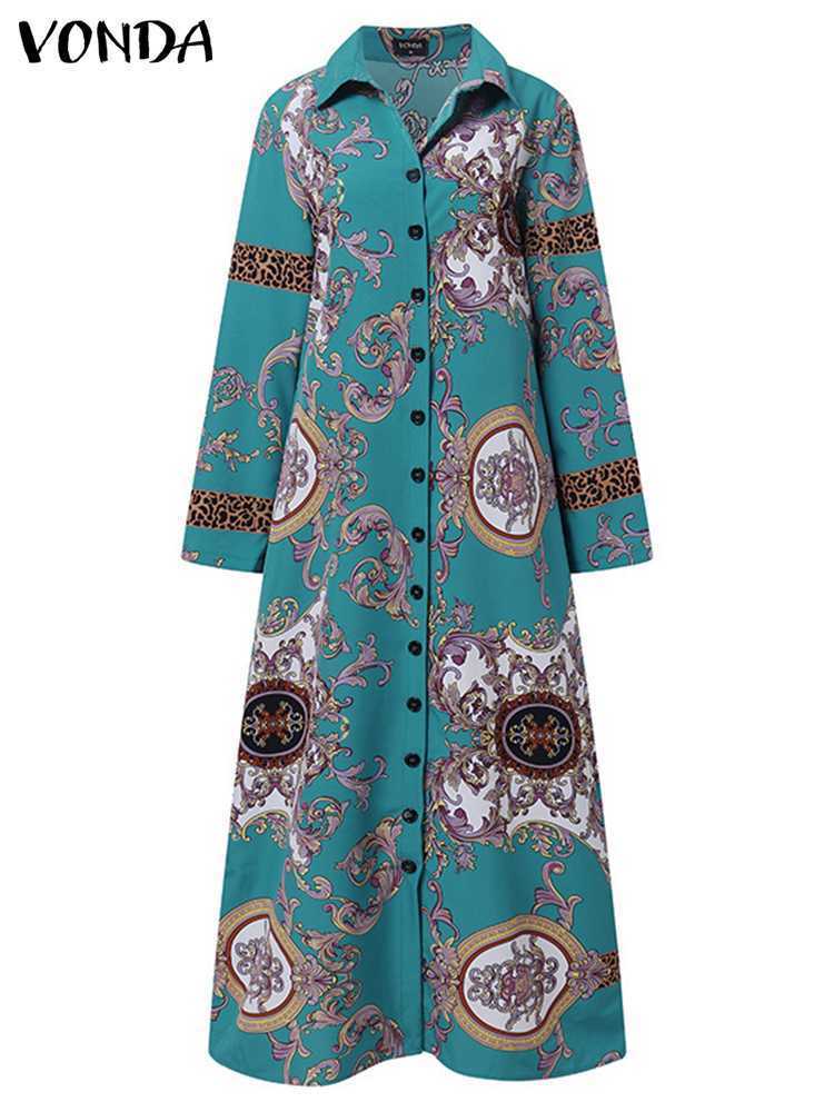 Casual Dresses VONDA Bohemian Shirt Dress Autumn Women Casual Turn Down Neck Vintage Printed Maxi Dresses Femme Sundress Party Vestidos 230309