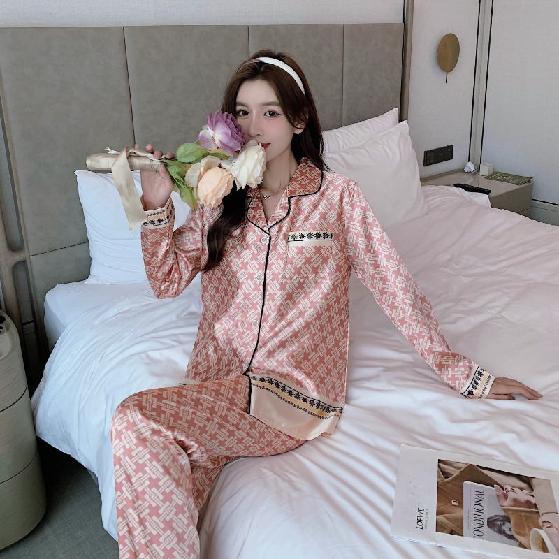 Women's Sleepwear Ice Silk Pajamas Women's Spring and Autumn Long-sleeved Two-piece Thin Silk Home Service Silk Sexy Large Size Women's