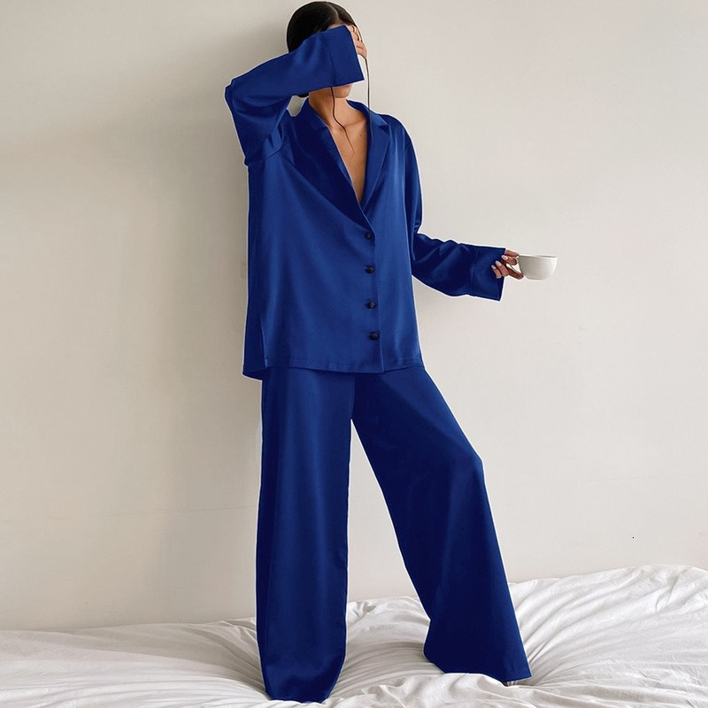 Women's Sleepwear Women's Pajamas Silk Pajamas Low Cut Sexy Single-Breasted Long Sleeves Wide Leg Pants Pyjamas Sets Sleepwear Loungewear Wo