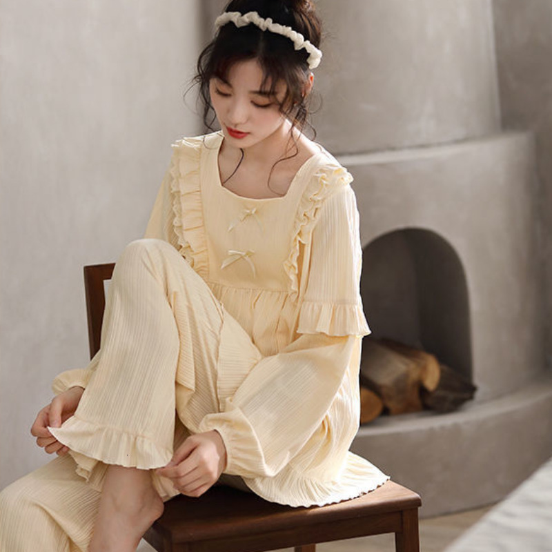 Women's Sleepwear Pajama Sets Women Pure Color Female Fashion Sweet Style Preppy Simple Sleepwear Autumn Basic Lovely Homewear Long Sleeve Mujer 