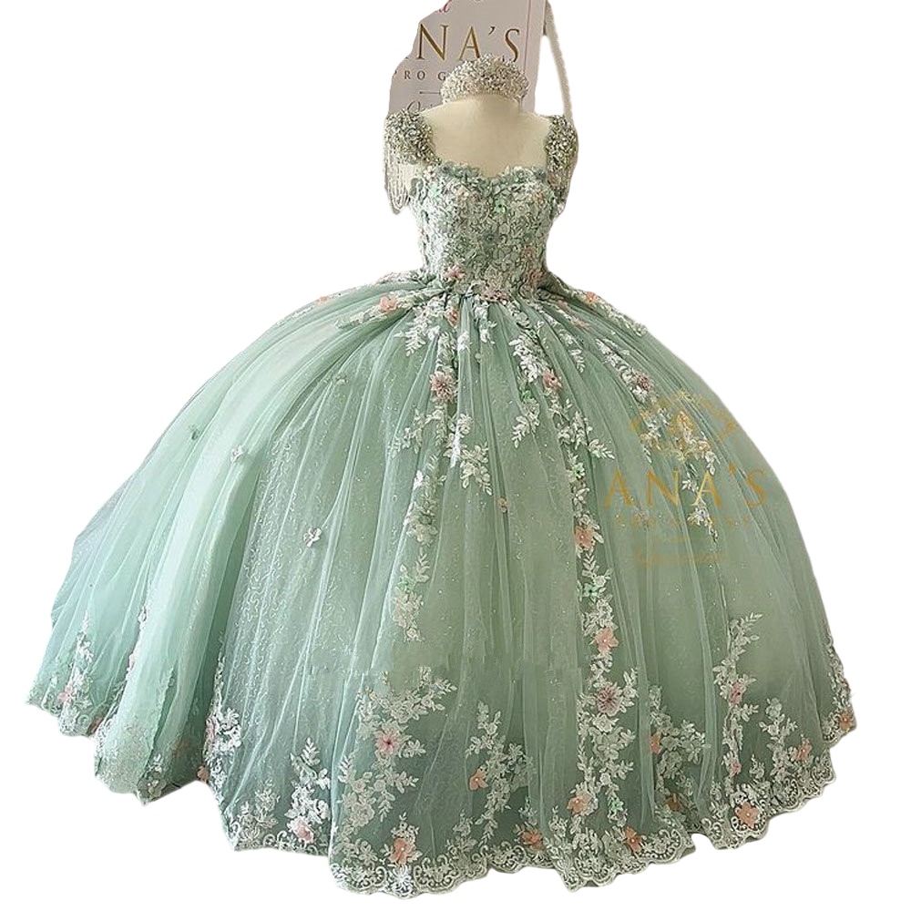 Mint Green Beading Tassel Quinceanera Dresses Off Shoulder 3D Flowers Appliques lace-up Corset princess Sweet 15 Vestidos De XV Anos