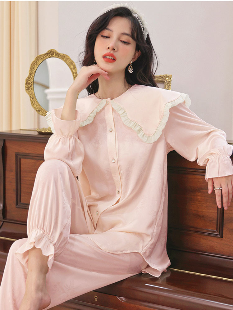 Women's Sleepwear CRLAYDK in Women's Pajamas Jacquard Ruffle Large Collar Cute Loungwear Soft Silk Long Sleeve Sleepwear Button Down Nightwe