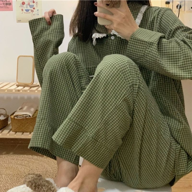 Women's Sleepwear Plaid Casual Pajama Sets Women Single Breasted Ins Japan Turn-down Collar Nightwear Spring Fall Elastic Waist Homewear Mujer 23