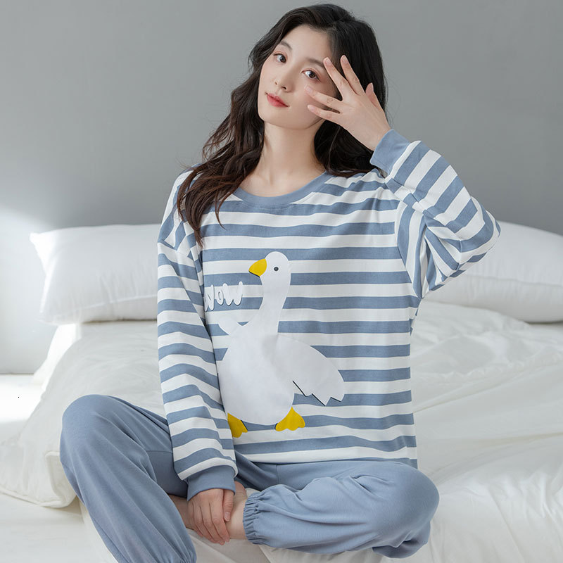 Women's Sleepwear Cotton Pajama Set Women Long Sleeve Pants Pyjama Cute Korean Sleepwear Female Soft Loose Autumn Winter Pajamas Home Clothes Sui