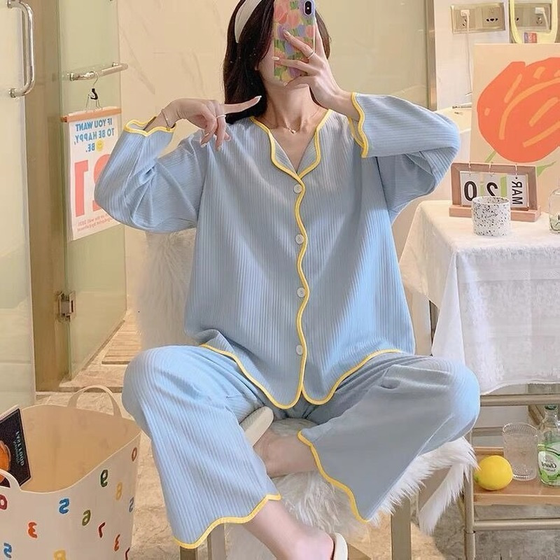 Women's Sleepwear Pajama Sets Women Basic Stylish Comfortable Sweet Wavy-cut Lacework Single Breasted Cotton Loose Pajamas Sleepwear Long Sleeve 