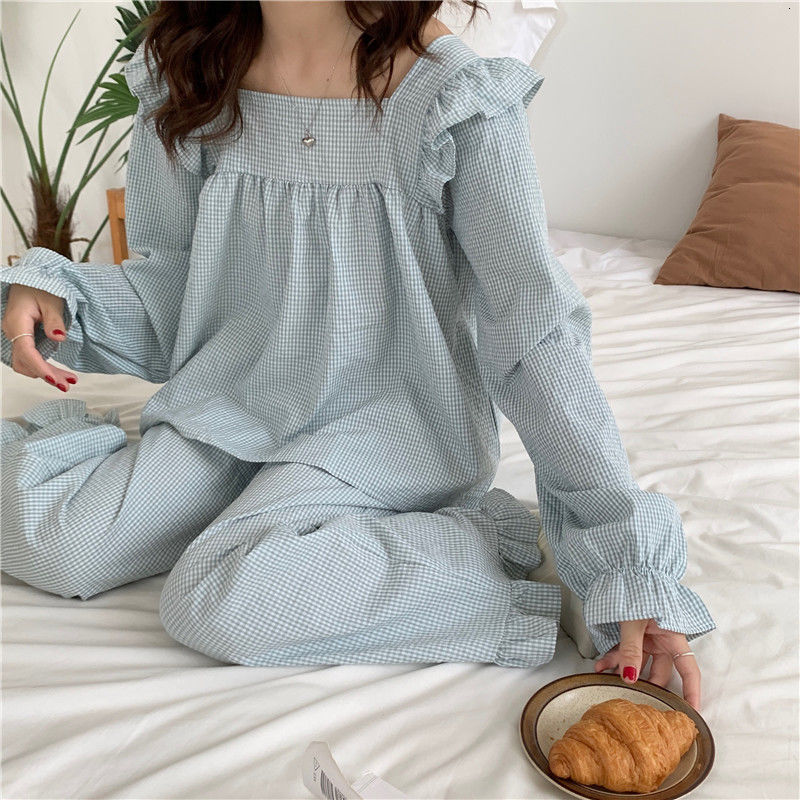 Women's Sleepwear Pajama Sets Women Plaid Harajuku Schoolgirl Sweet Style Autumn Simple Sleepwear Square Collar Ins Lovely Nightwear Daily 230309