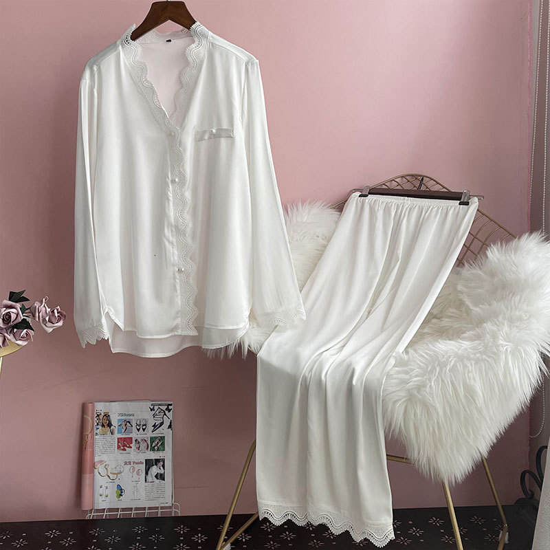 Women's Sleepwear Lisacmvpnel Spring Pajamas Women's Ice Silk Long Sleeve Solid Lace Suit Pyjamas 230309