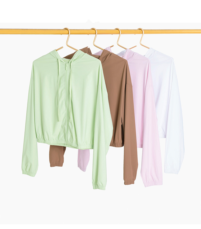 Summer New Yoga Outfit Hooded Sunscreen Non Slip Zipper Loose Fitness Clothing Adjustable Cap Rope Sports Top Women Jogging Outfit