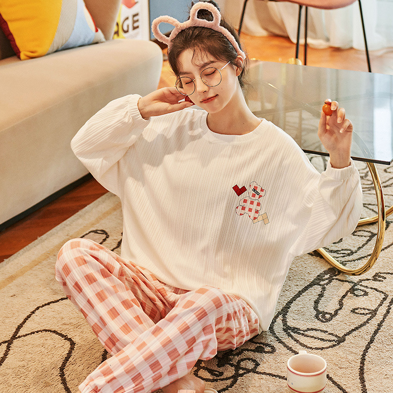 Women's Sleepwear Cotton Pajama Set Women Long Sleeve Pants Pyjama Cute Korean Sleepwear Female Soft Loose Autumn Winter Pajamas Home Clothes Sui
