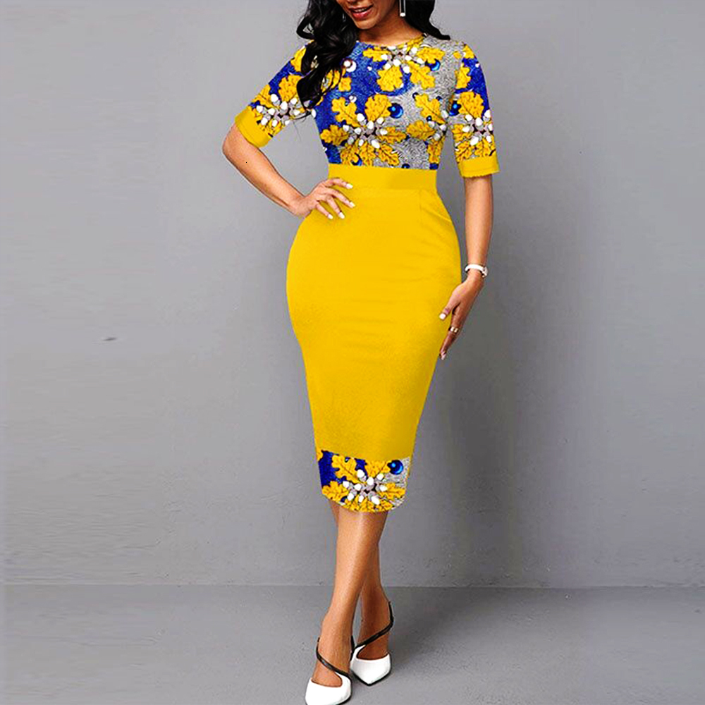 Casual Dresses Summer Dress Yellow Elegant Floral Print Party Dress for Woman ONeck Half Sleeve Slim Office Work Vestidos Sexy Bodycon Dresses 230309
