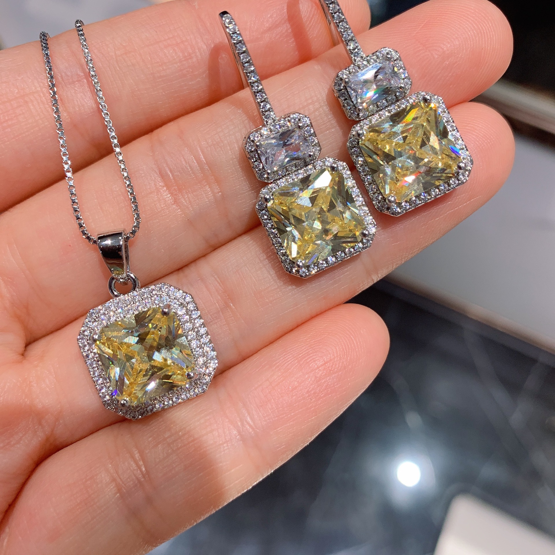 Valuable Lab Topaz Diamond Jewelry set 925 Sterling Silver Engagement Wedding Rings Necklace For Women Bridal Promise Gift