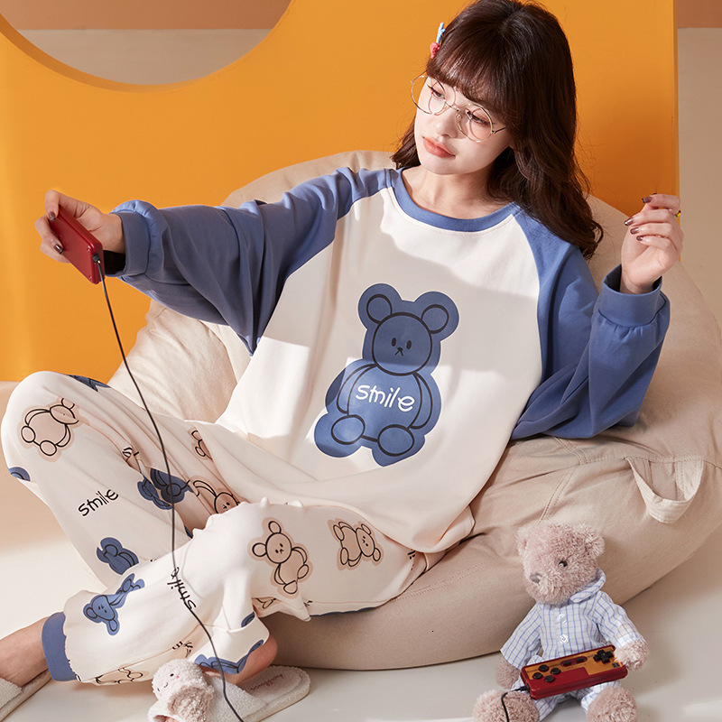 Women's Sleepwear Spring and autumn women's cotton girl cartoon pajamas long-sleeved trousers large size suit autumn and winter home service