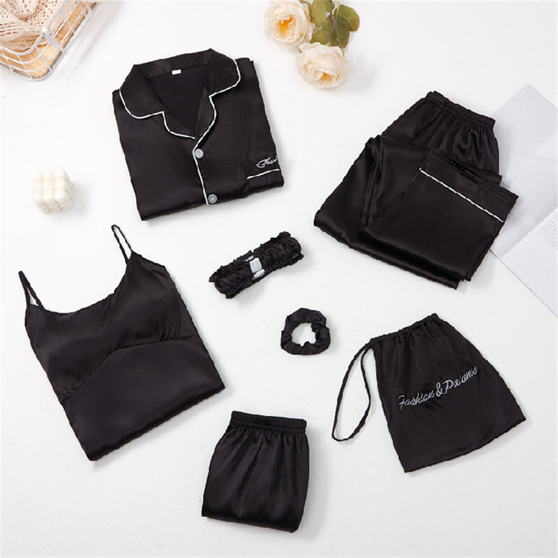 Women's Sleepwear Autumn Full Pajamas Set Sexy Sleepwear Women Pure Black Shirt Sleeve Pyjama Women's Fashion Confortable Homewear Plus Size