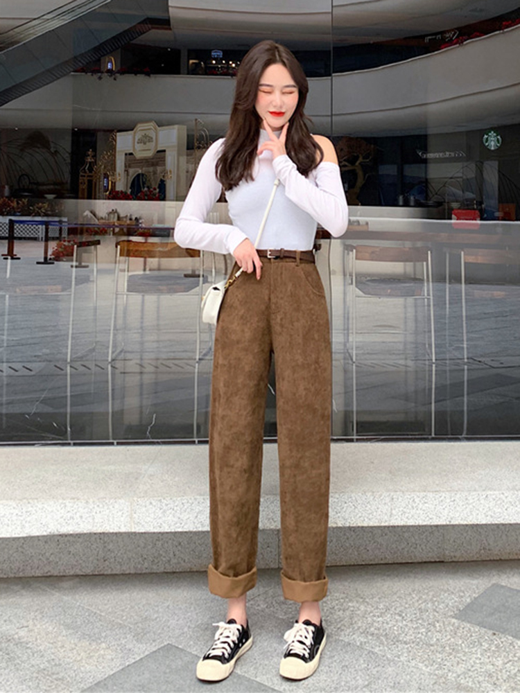 Women's Pants Capris ZOKI Vintage Corduroy Women Pants Fashion Belt Fall Elastic High Waist All Match Wide Leg Pants Causal Pockets Loose Trouser
